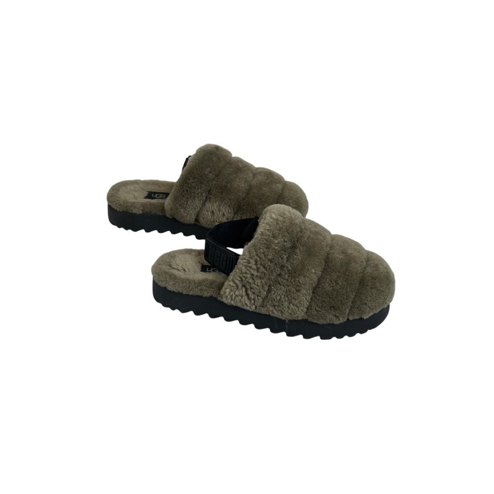 UGG Super Fluff Slippers Womens 7 Olive Green Sheepskin Slingback Slides Sandals